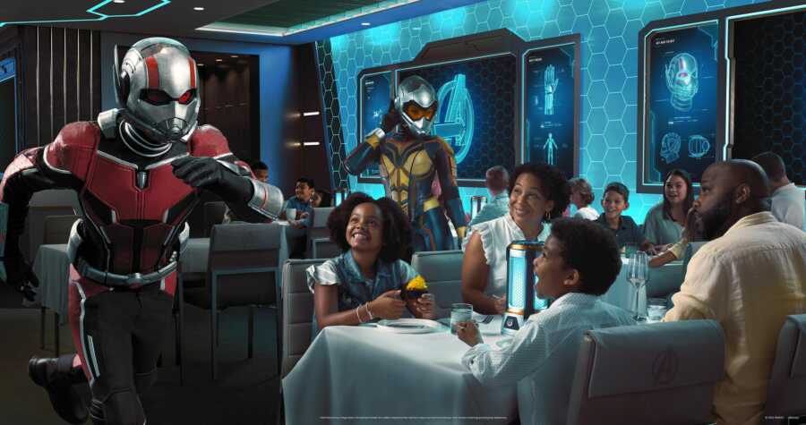 Ant-Man and the Wasp run around during a mission aboard the Disney Wish cruise ship for an interactive dinner experience