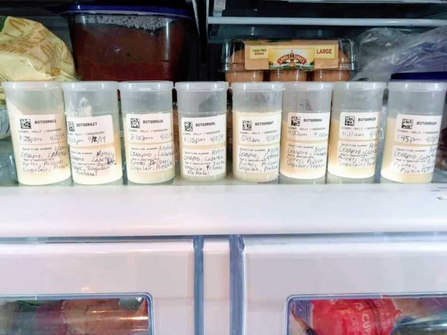 A row of breast milk containers lined up in a freezer