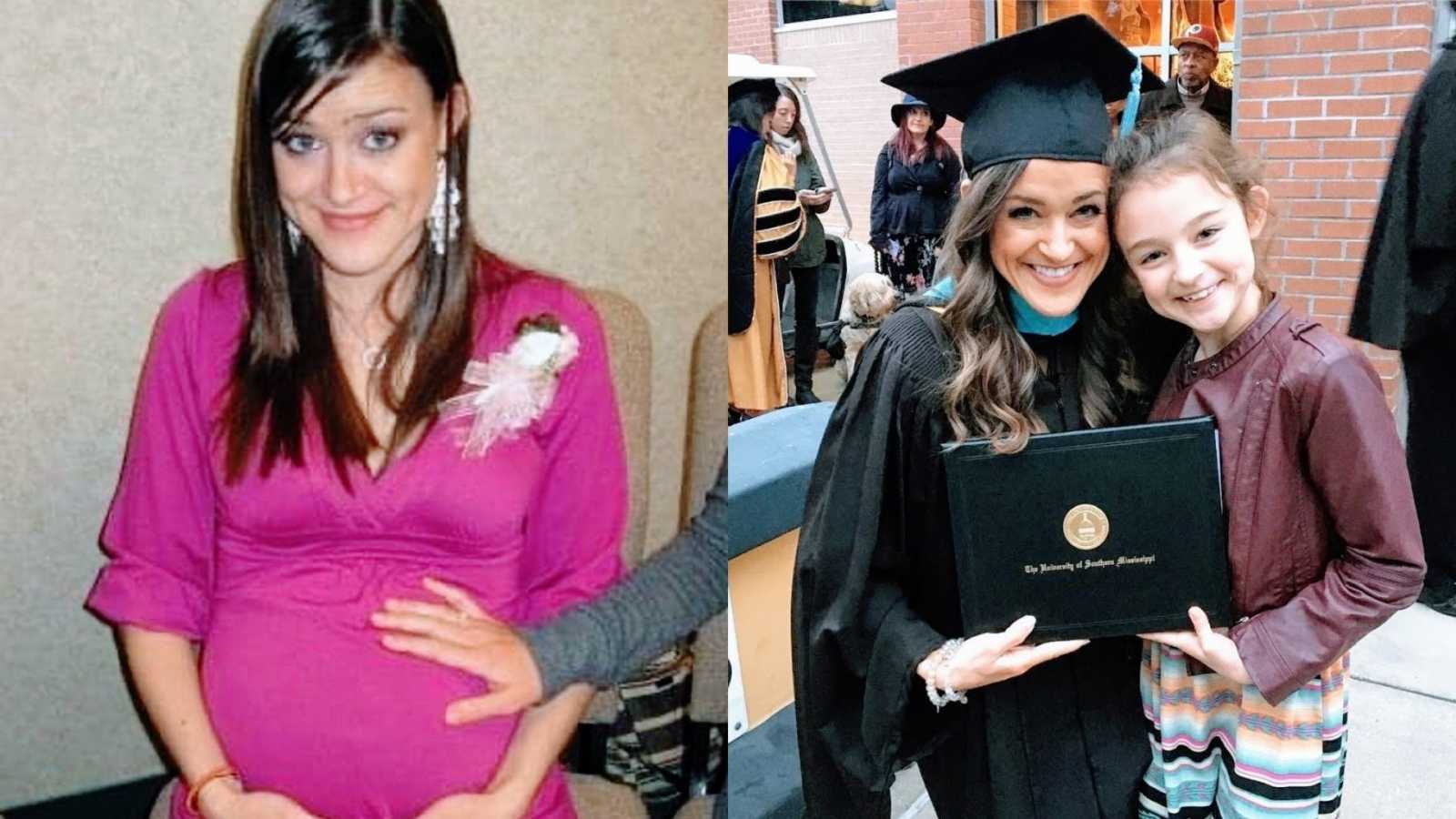 Pregnant woman holds her belly and mom and daughter at graduation