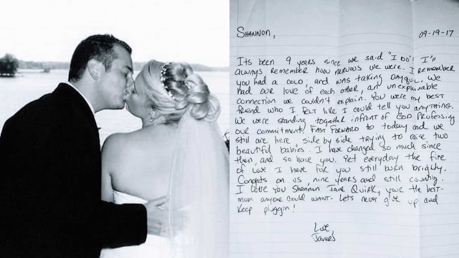 A couple kiss on their wedding anniversary and a handwritten love note