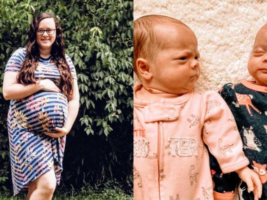 左边，妈妈在为她的大肚子拍照，穿着花裙;右边，妈妈在为她刚出生的双胞胎女儿拍照