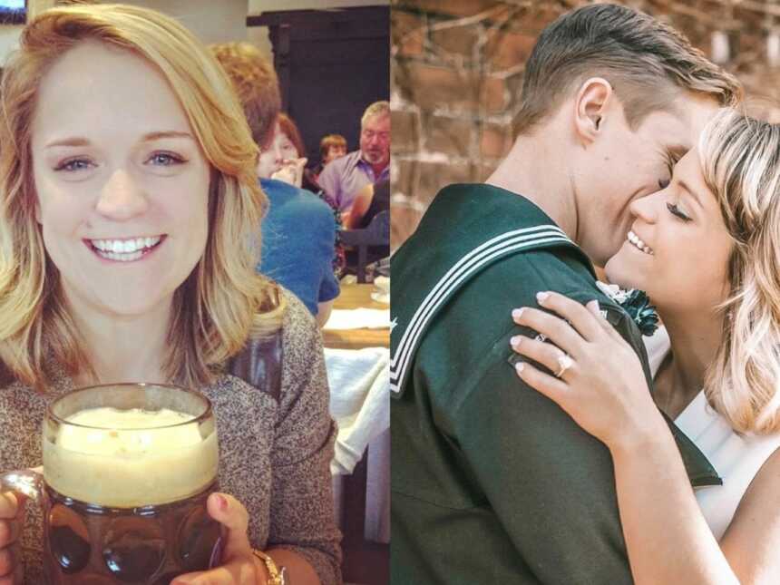 Woman on the left holds giant beer while out at a bar, same woman takes engagement photo with Navy fiancé on the right