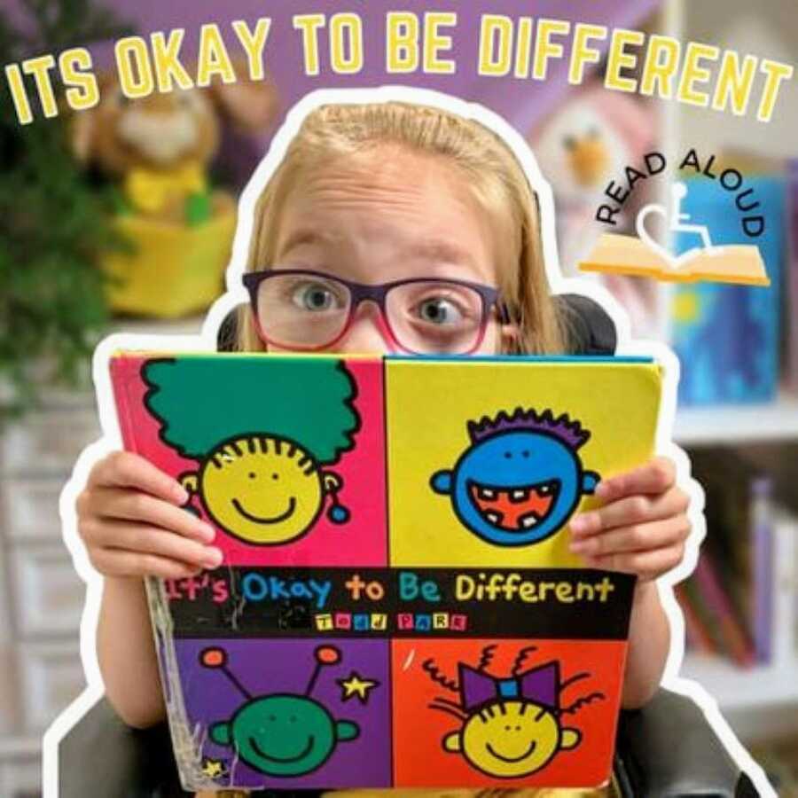 Little girl with cerebral palsy poses for a thumbnail for her YouTube video titled "It's Okay to be Different"