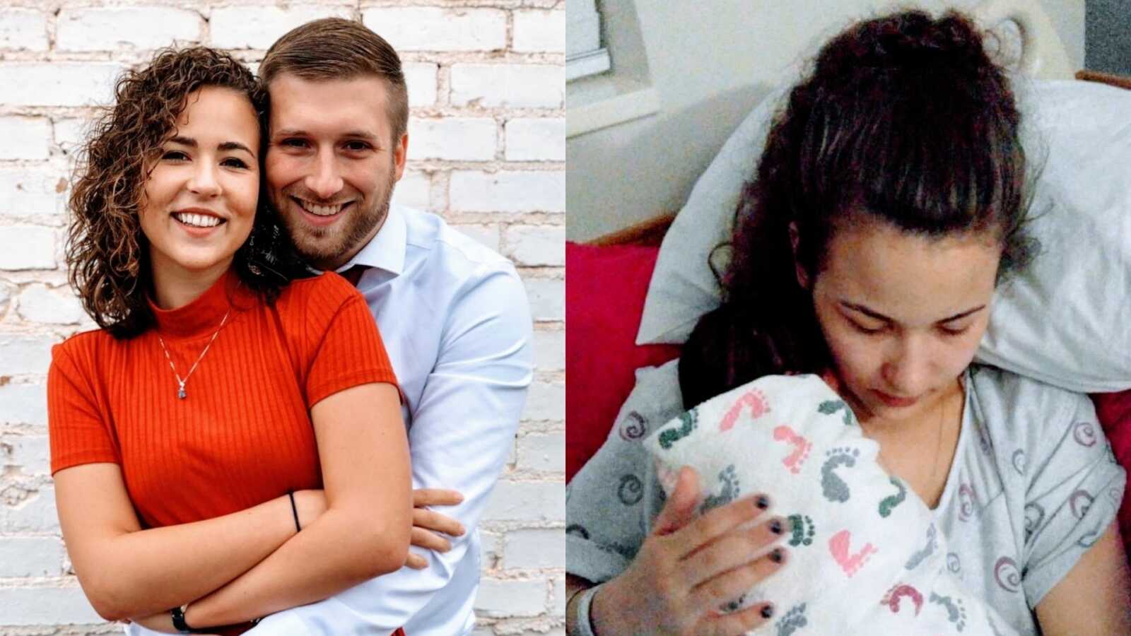 On the left, man and woman embrace lovingly, on the right, teen mom holds her newborn before placing the baby with it's adoptive parents