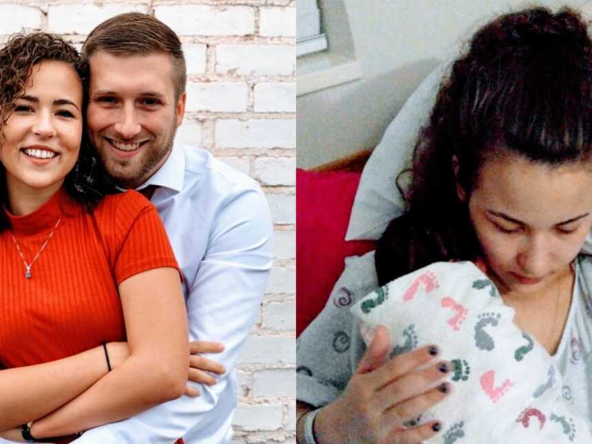 左边，男人和女人深情地拥抱，右边，十几岁的妈妈抱着她的新生儿，然后把孩子交给养父母