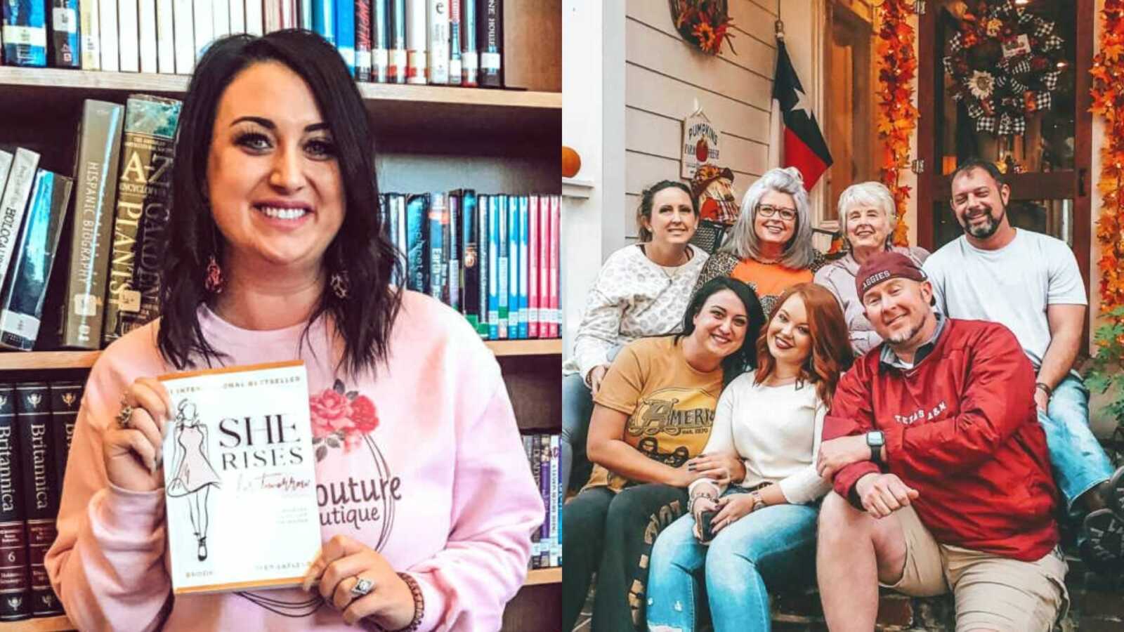 adoptee holds book and adoptee reunited with birth family