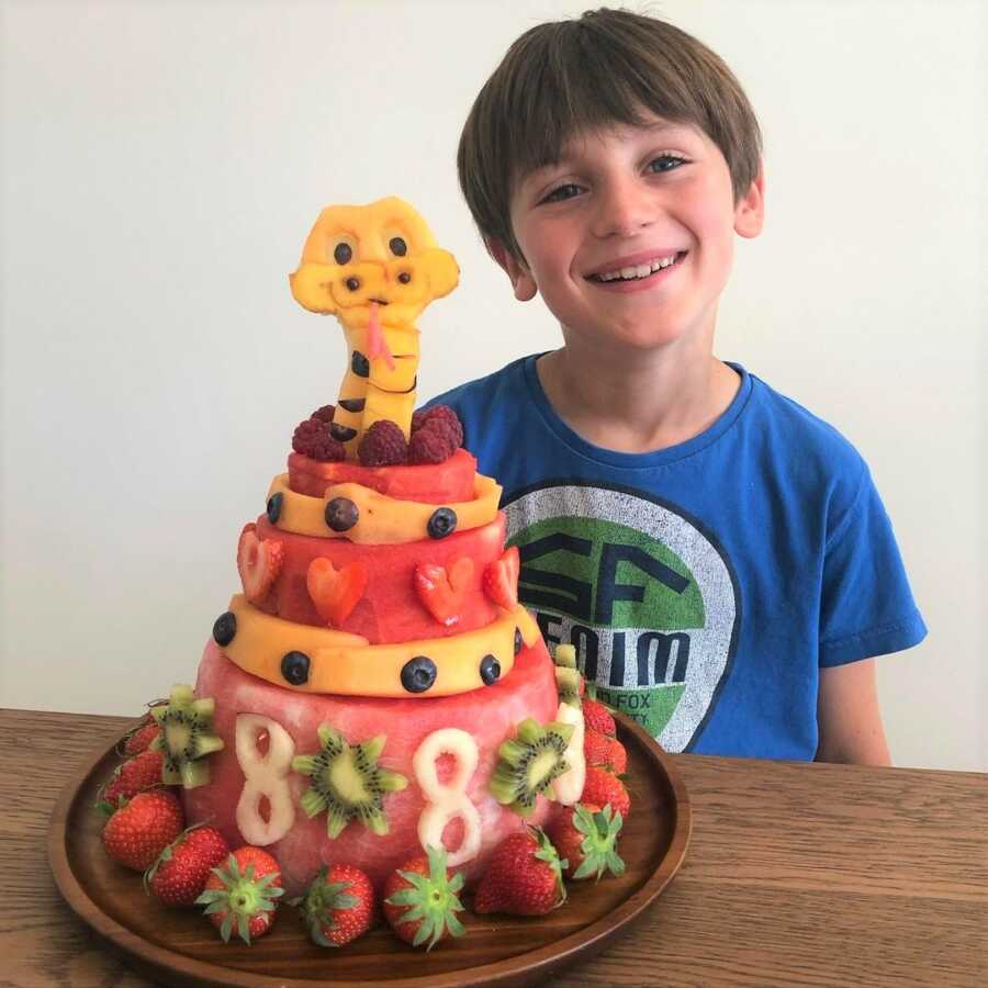 Eight-year-old's snake themed fruit cake for his birthday party.