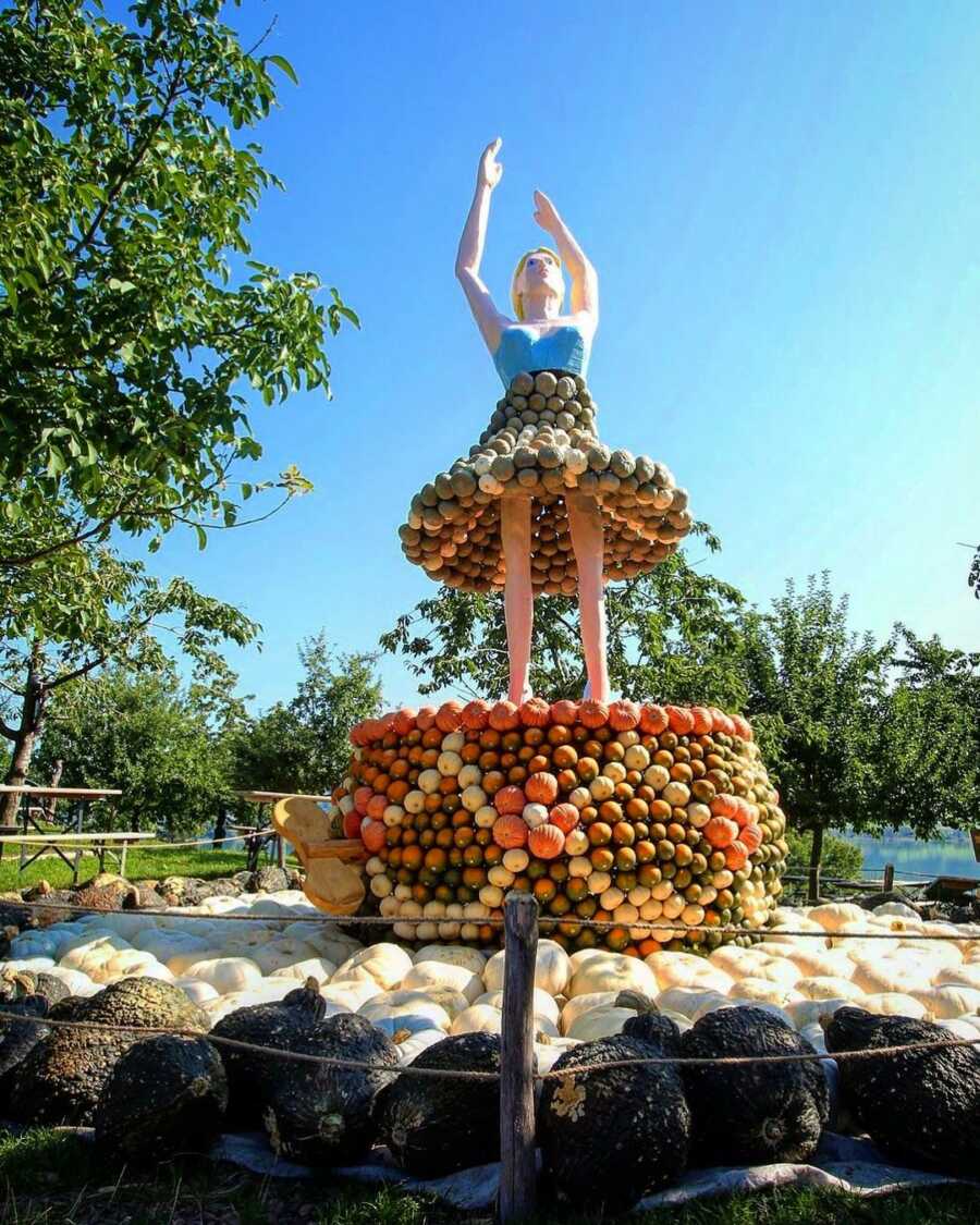 Giant music box ballerina creation at Jucker Farm's pumpkin exhibition. 