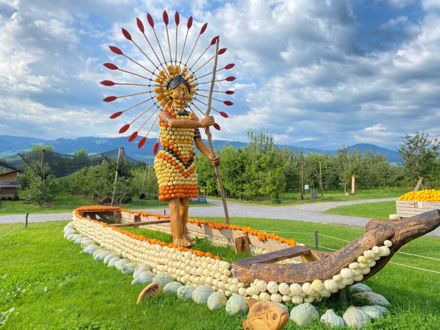 Giant Native American woman pumpkin creation at Jucker Farm's pumpkin exhibition. 