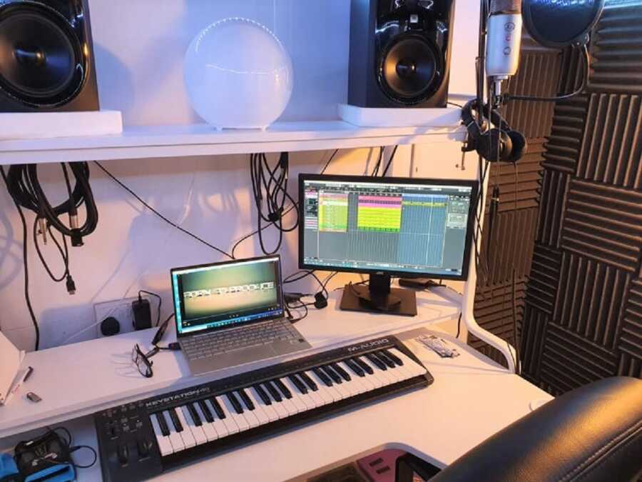 Music recording studio built in man's basement during covid lockdown.