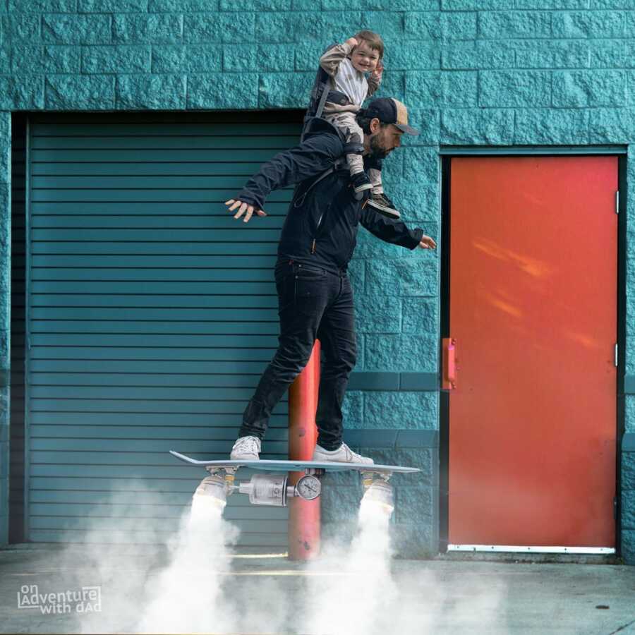 Dad and toddler try out new hoverboard.