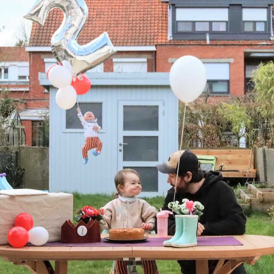 Dad photoshops baby floating away holding birthday balloons. 