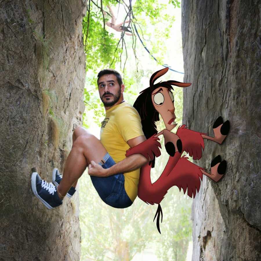 Man photoshops Disney character, Kuzco, and himself into a rock climbing scene.