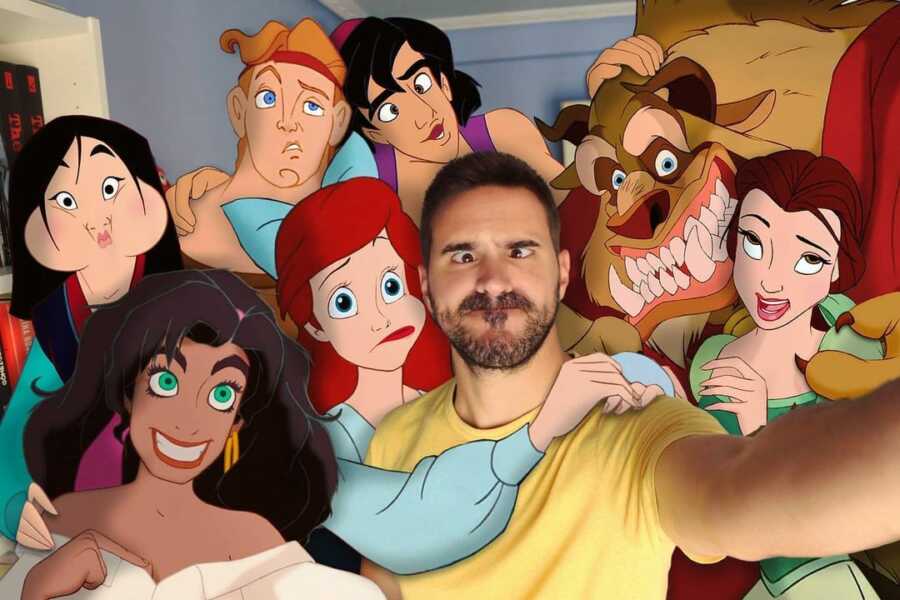 Man photoshops Disney characters into a group selfie with him. 