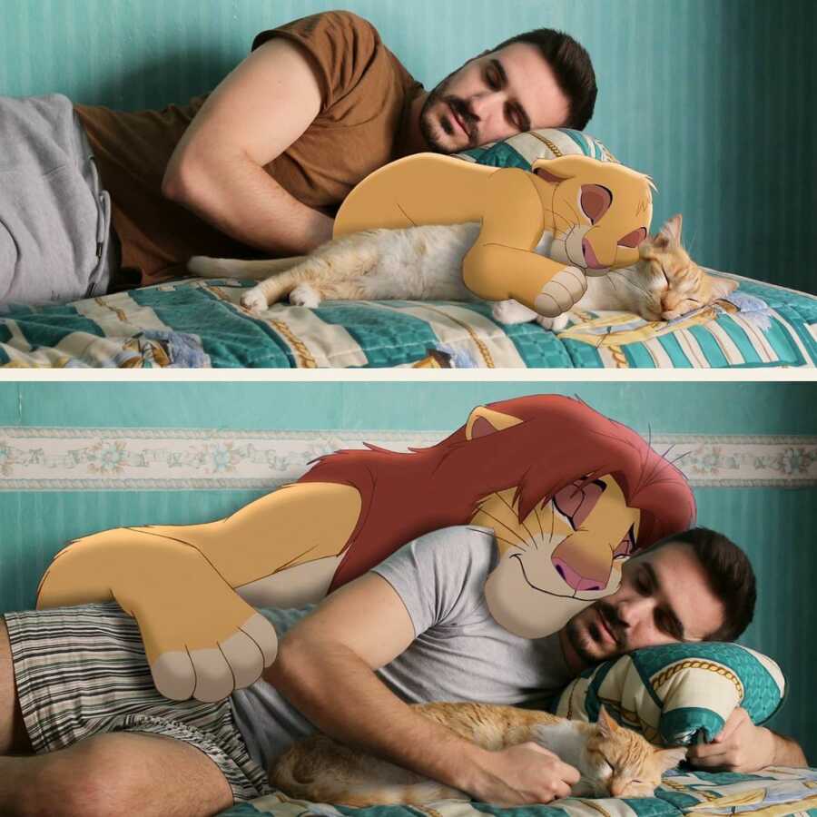 Man photoshops baby Disney character, Simba, and grown-up Simba sleeping on his bed.