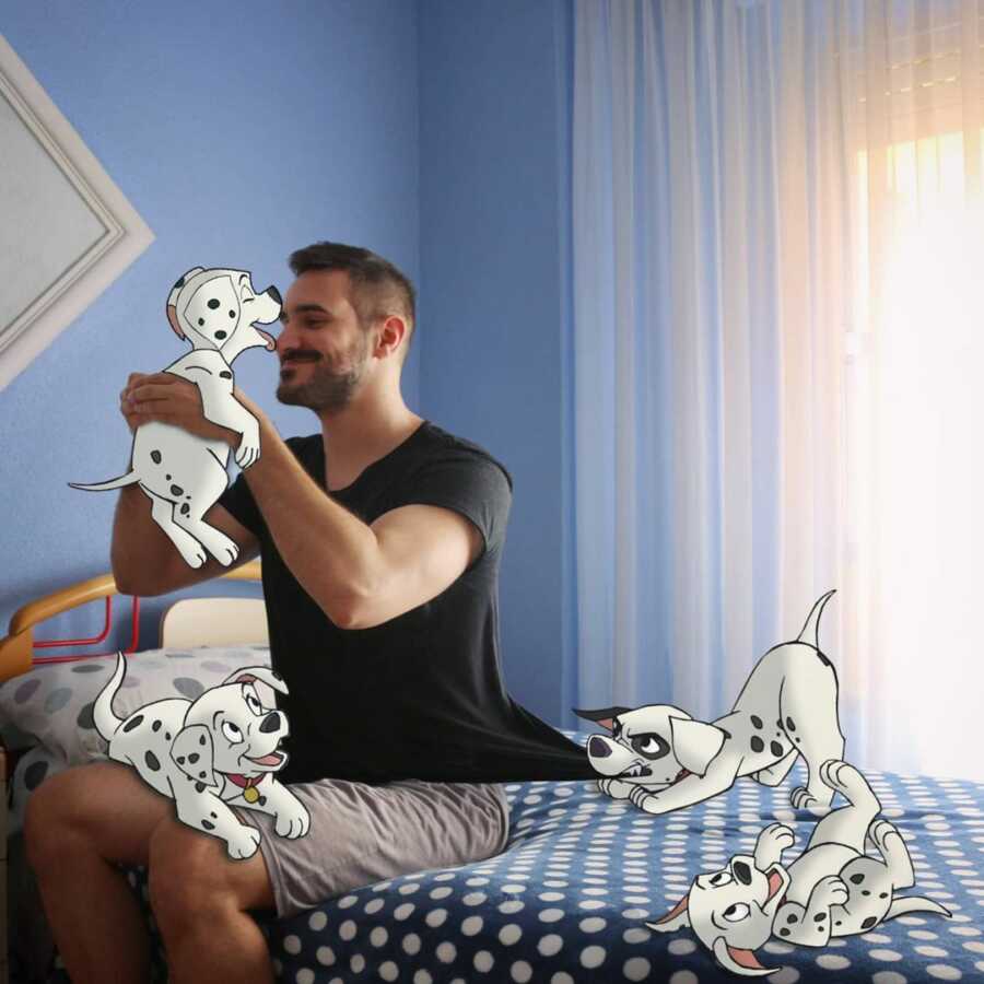 Man photoshops Disney's 101 Dalmatians into a scene in his bedroom.