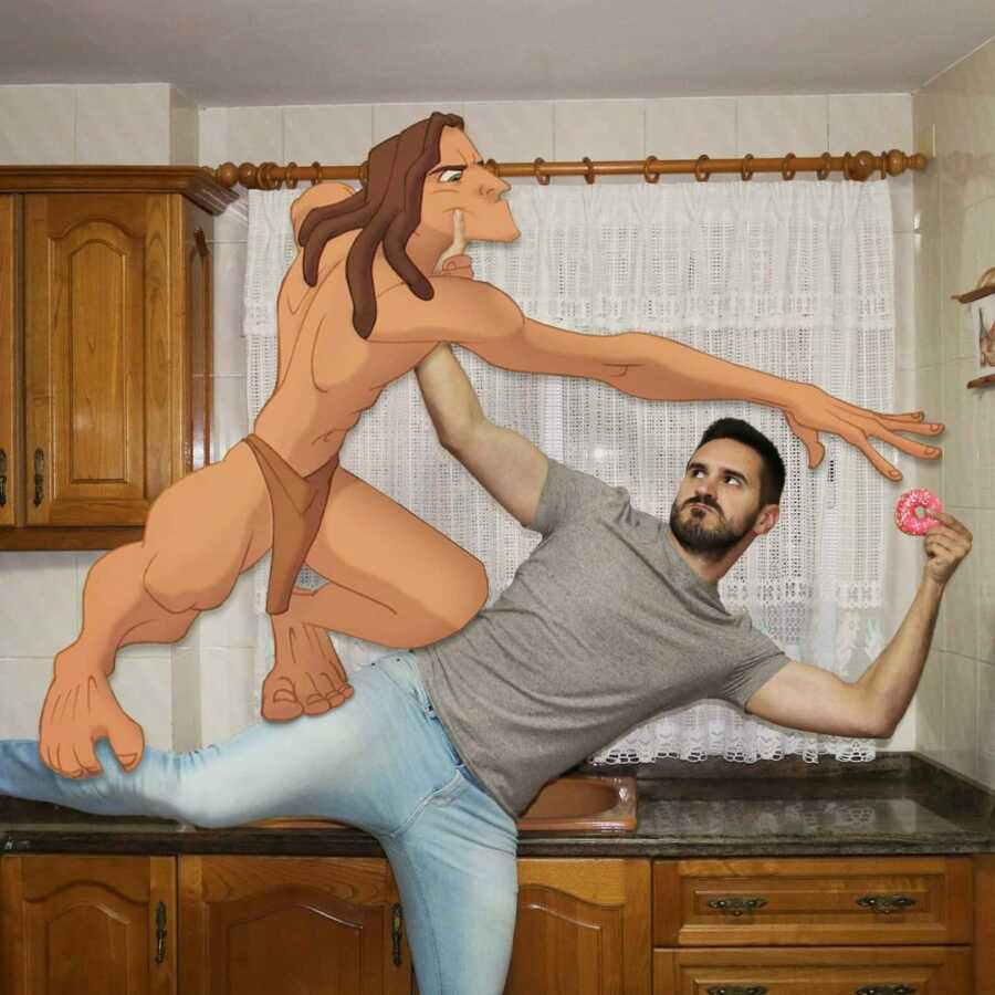 Man photoshops Disney character, Tarzan, into a scene of them fighting over a donut.