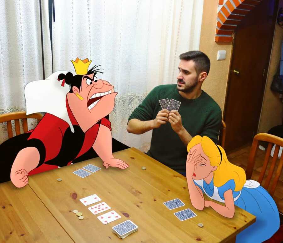 Man photoshops Disney characters from Alice In Wonderland playing a card game with him. 