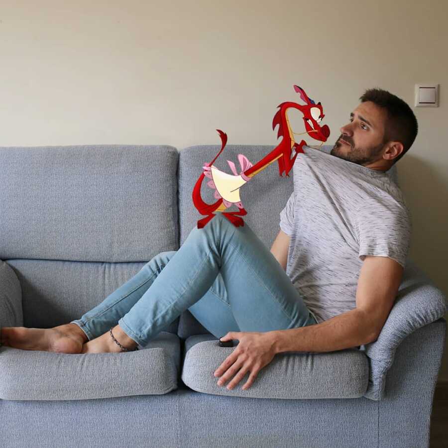 Man photoshops Disney character, Mushu, into a scene in his living room. 