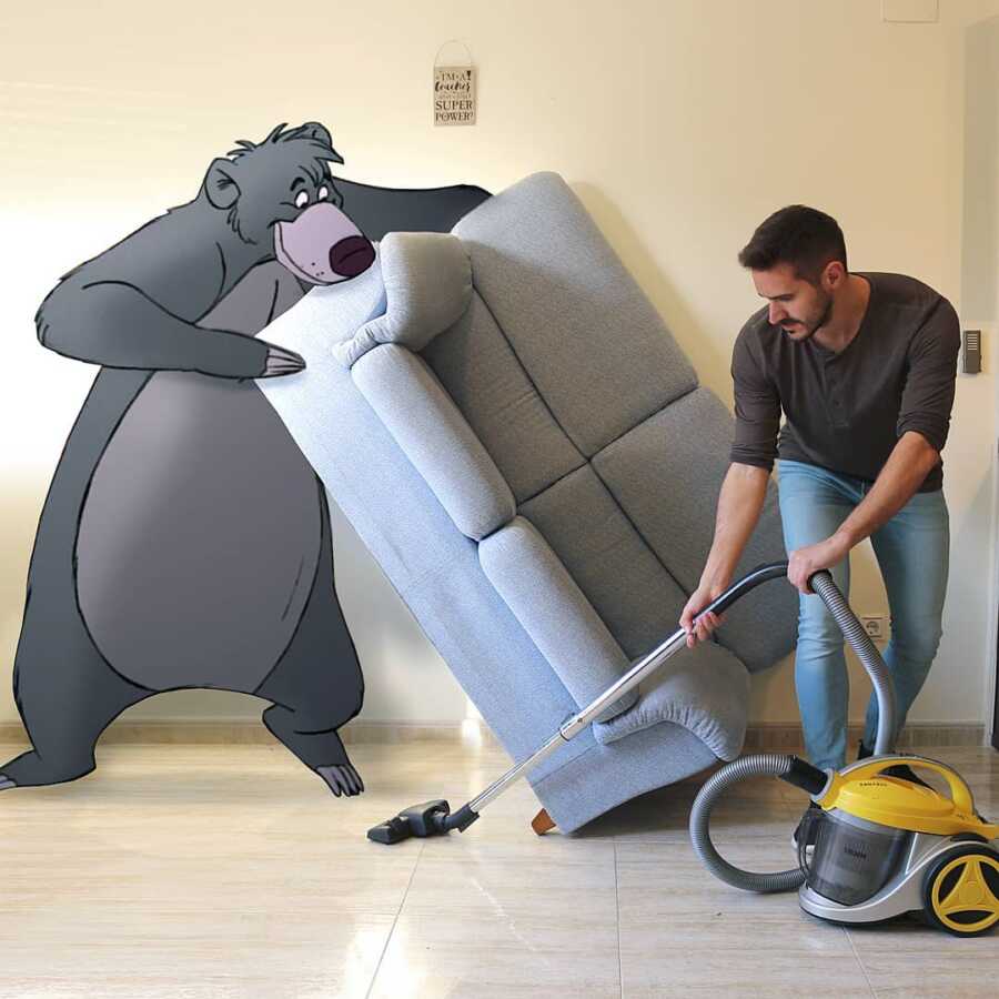 Man photoshops Disney character, Baloo, into a scene helping him vacuum his living room. 