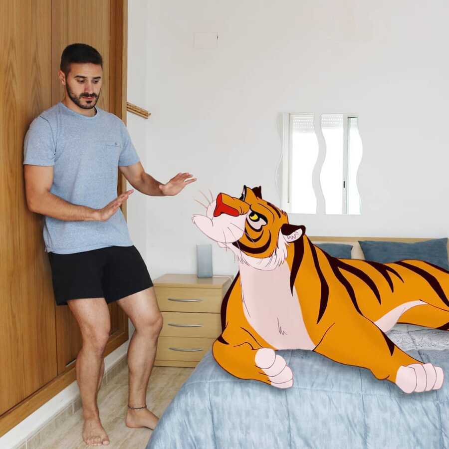 Man photoshops Raja from Aladdin onto his bed. 