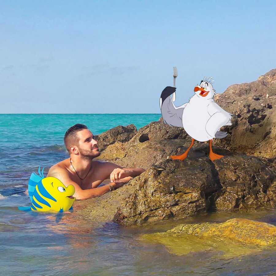 Man photoshops Disney characters from the Little Mermaid into a scene in the ocean.. 