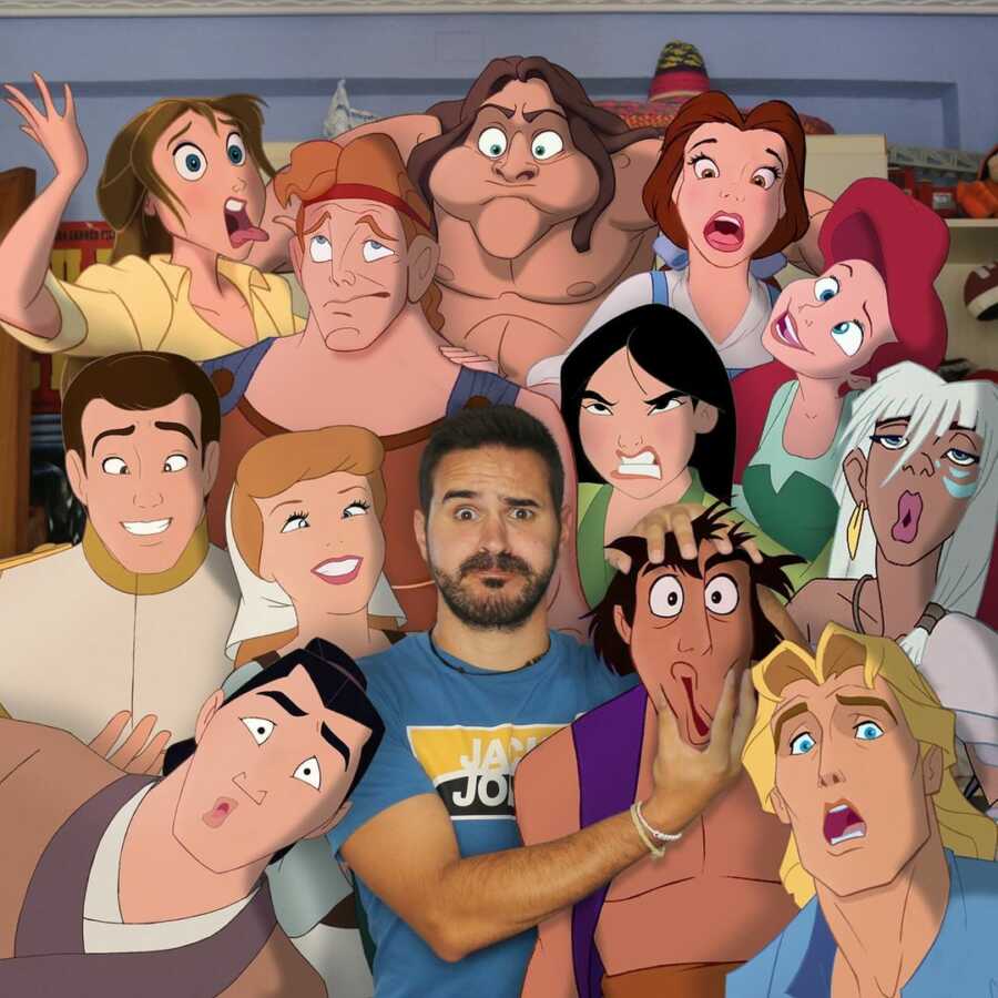 Man photoshops Disney characters into a group selfie with him. 