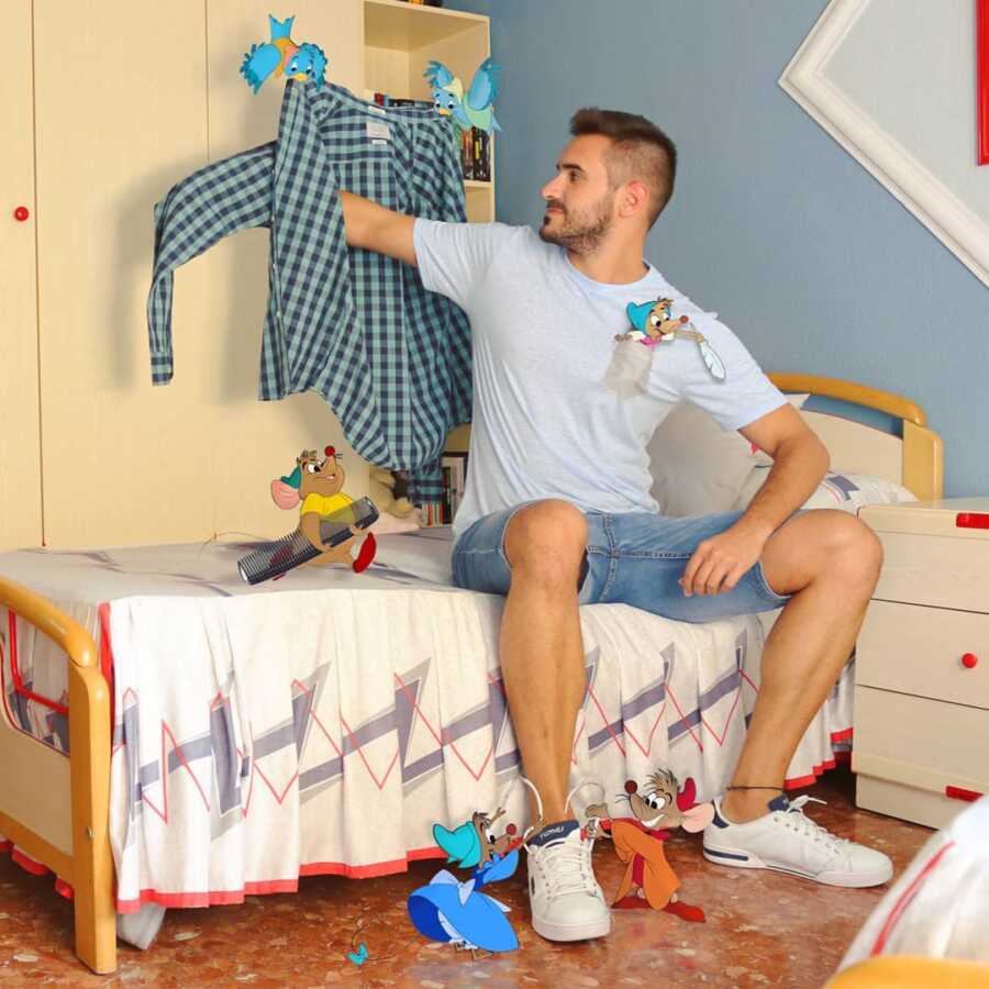 Man photoshops Disney characters from Cinderella helping him get dressed.