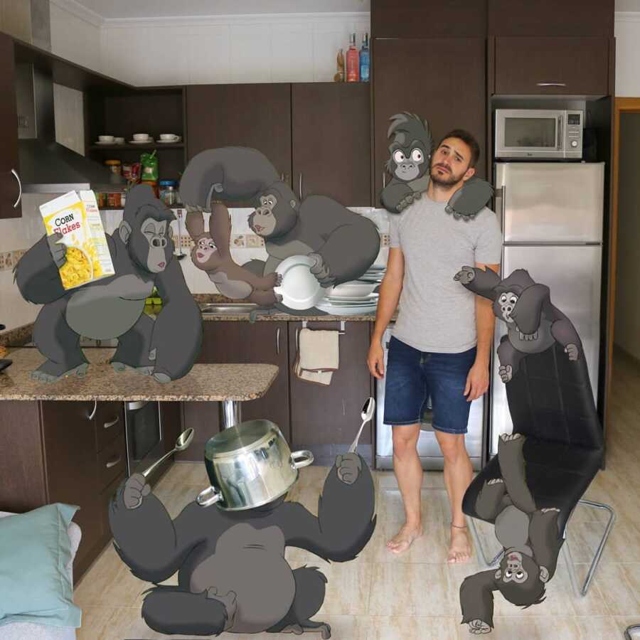 Man photoshops monkeys from Disney's Jungle Book into a scene in his kitchen.. 