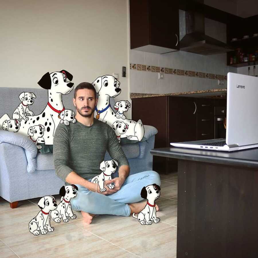 Man photoshops Disney 101 Dalmatians characters into a scene in his living room. 