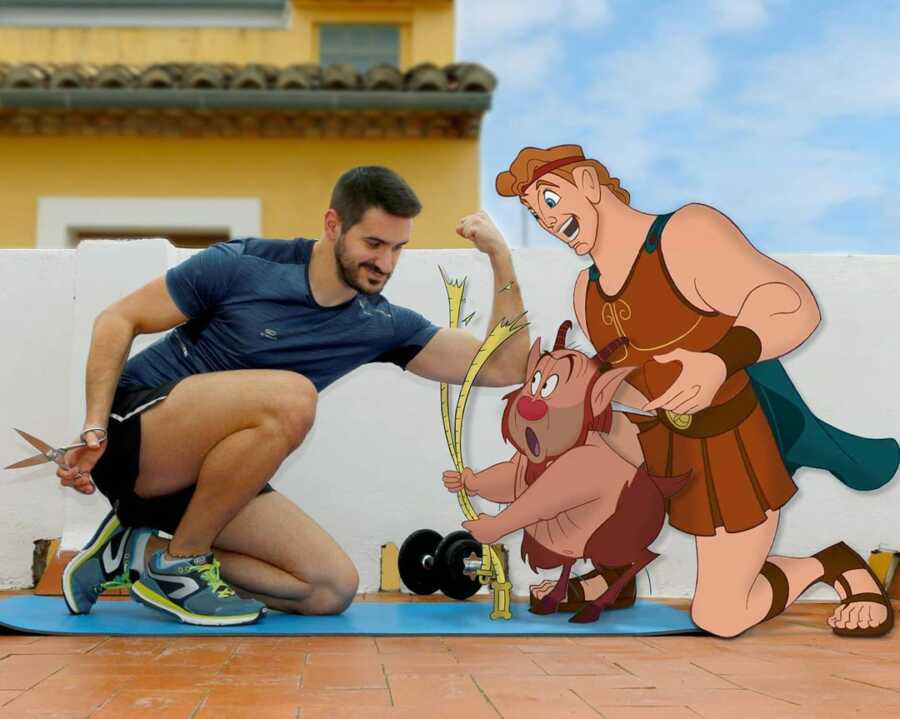 Man photoshops Disney characters from Hercules into a scene of him flexing his muscles. 