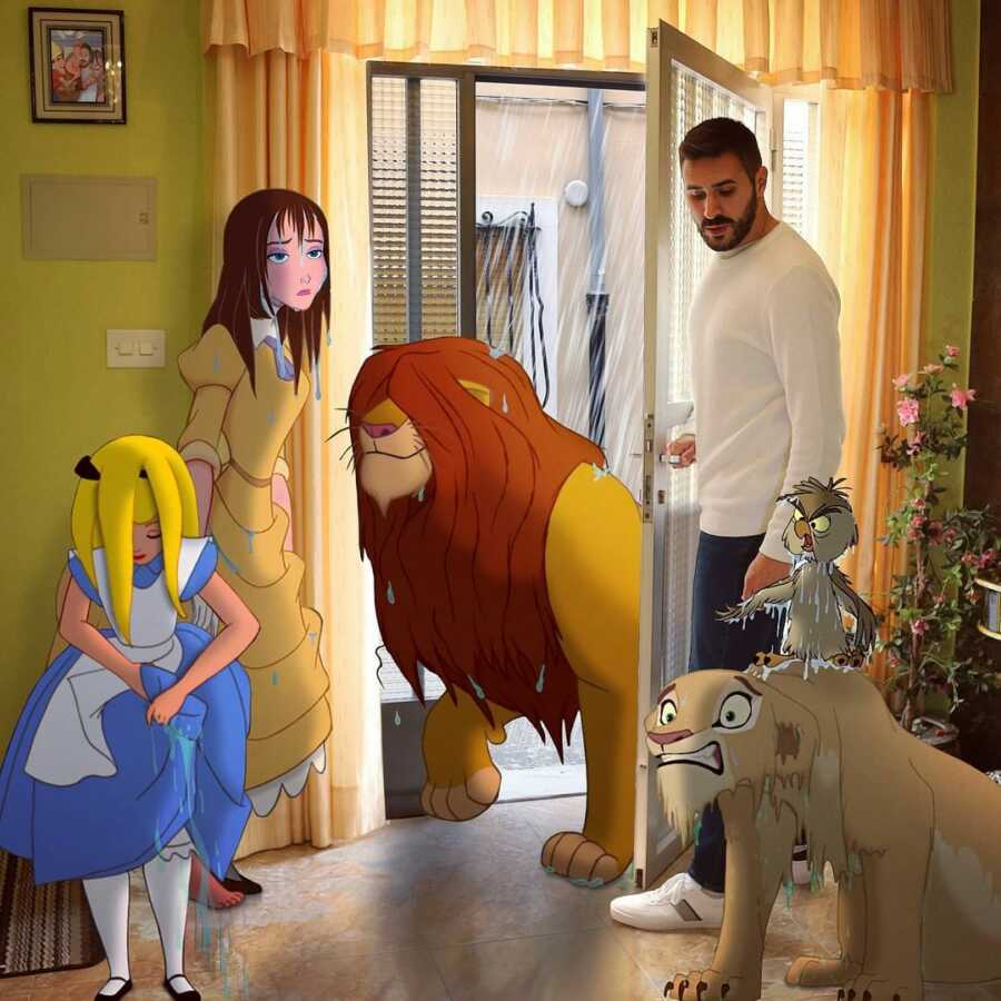 Man photoshops drenched Disney characters coming into his house to dry off.