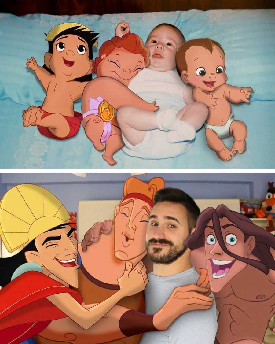 男人用Photoshop把迪斯尼的小角色和他们自己的成长结合起来。