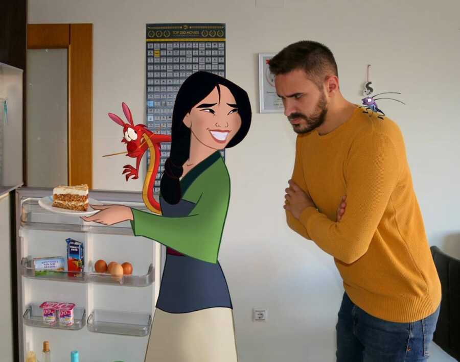 Man photoshops Disney character, Mulan, sneaking food from his fridge.