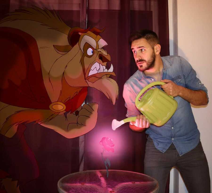 Man photoshops Disney character, the Beast, into a scene of him watering the rose in his living room. 