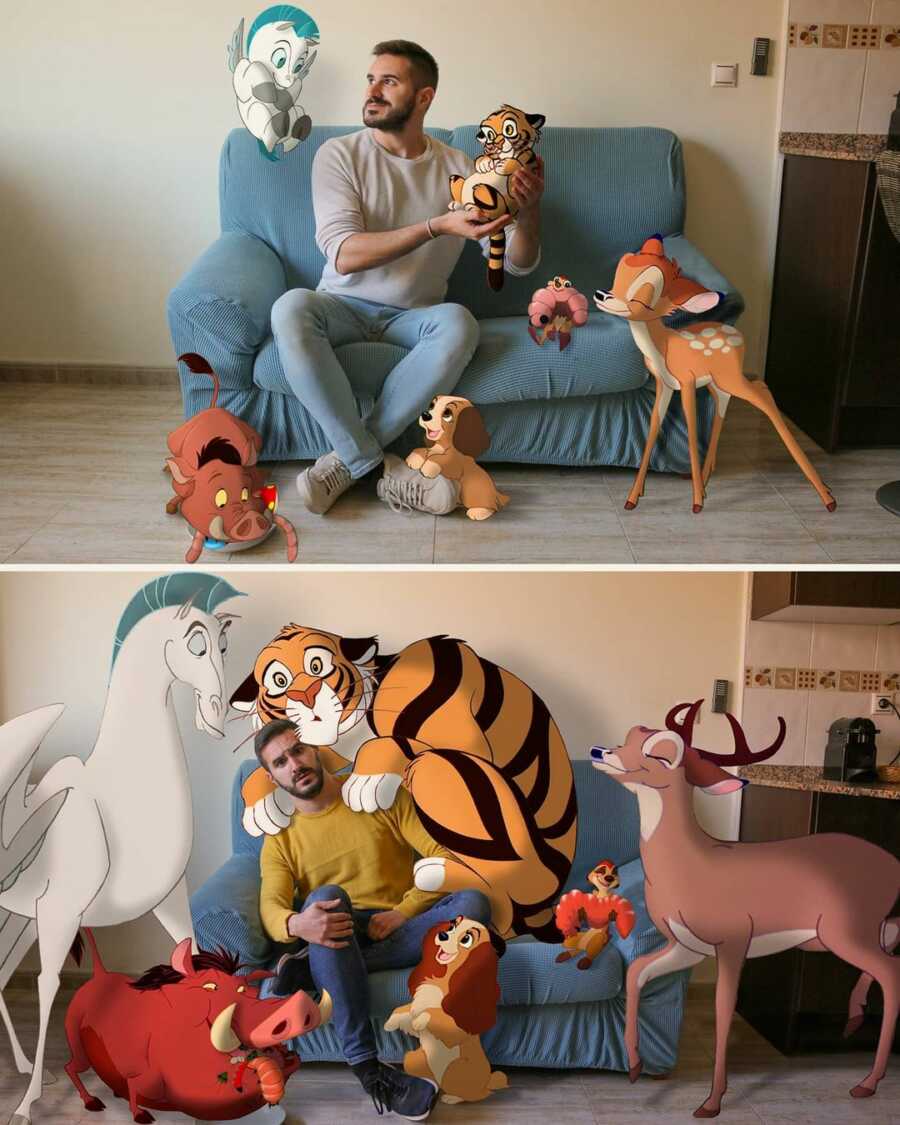 Man photoshops baby Disney animals and grown up versions into a scene in his living room. 