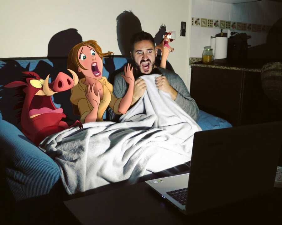 Man photoshops Disney characters into a scene of them watching a scary movie.. 