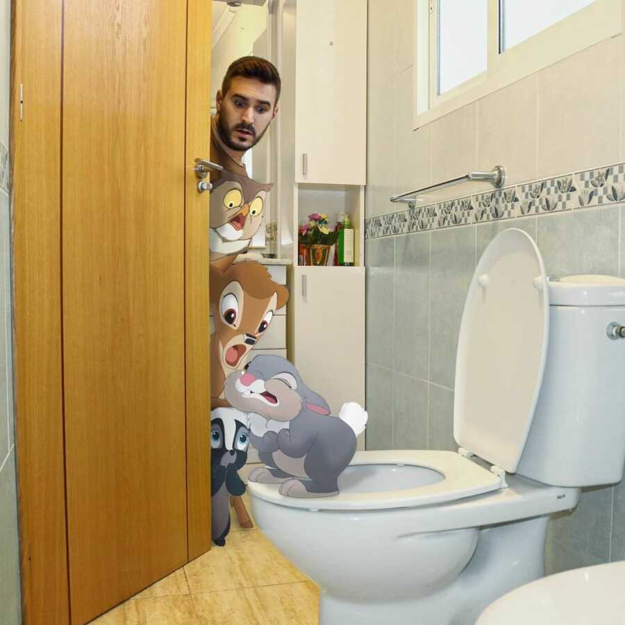 Man photoshops Disney's Bambi character, Thumper, into a scene in his bathroom. 