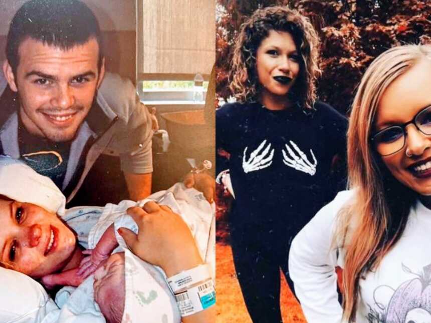 On the left, 19-year-old holds her newborn baby while her baby daddy crouches down and smiles, on the right, same woman takes a selfie with her ex's wife