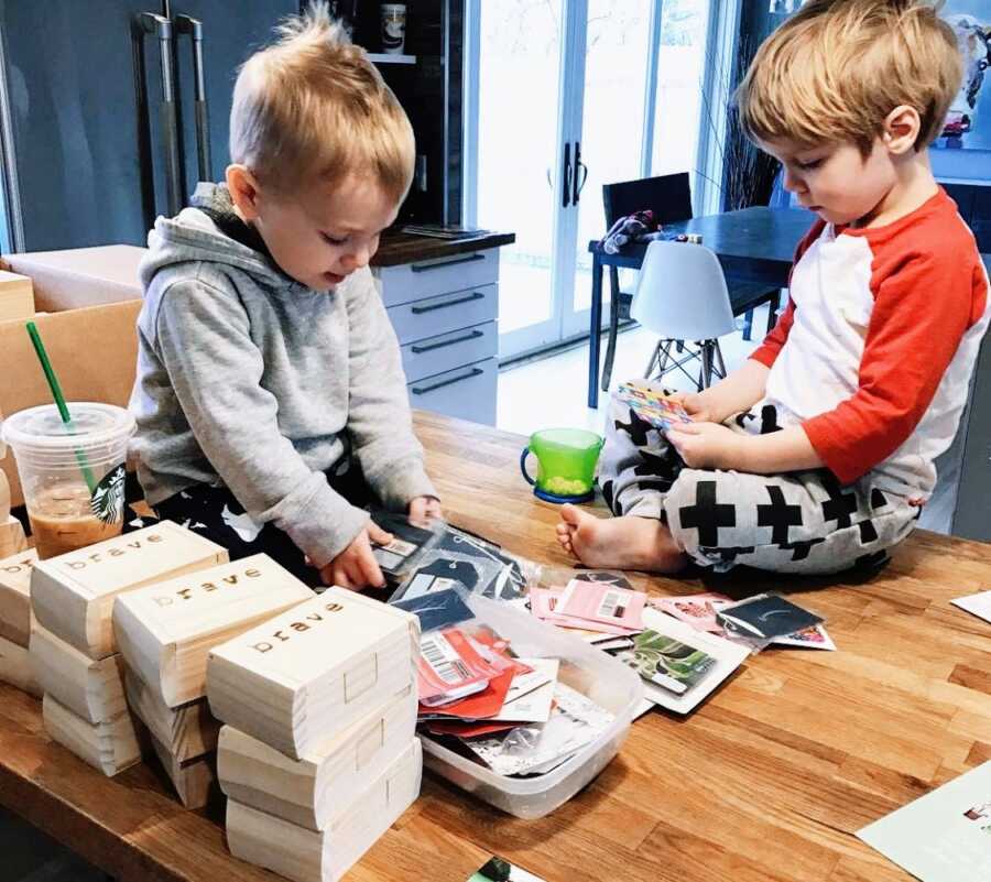 Mom shares photo of her two sons working on 'brave boxes' together, something the mom started to support birth moms