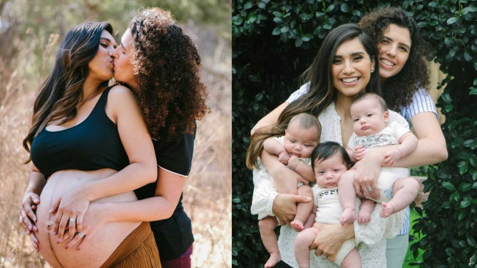 In left picture, two women kiss during their maternity photoshoot, in the right picture, same women hold their triplets for a family photo