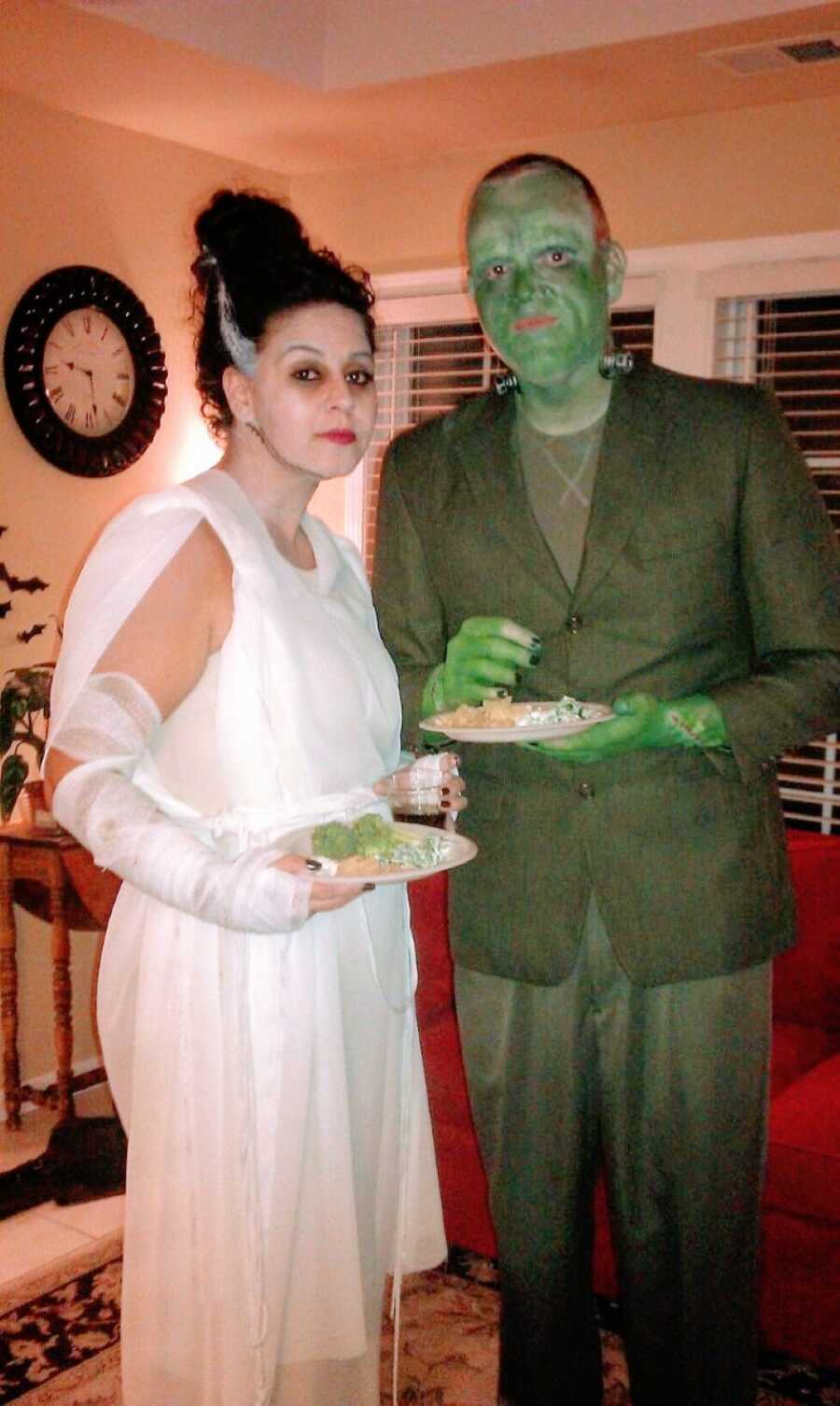 Newly dating couple dress up as Frankenstein and the Bride of Frankenstein for Halloween in 2012