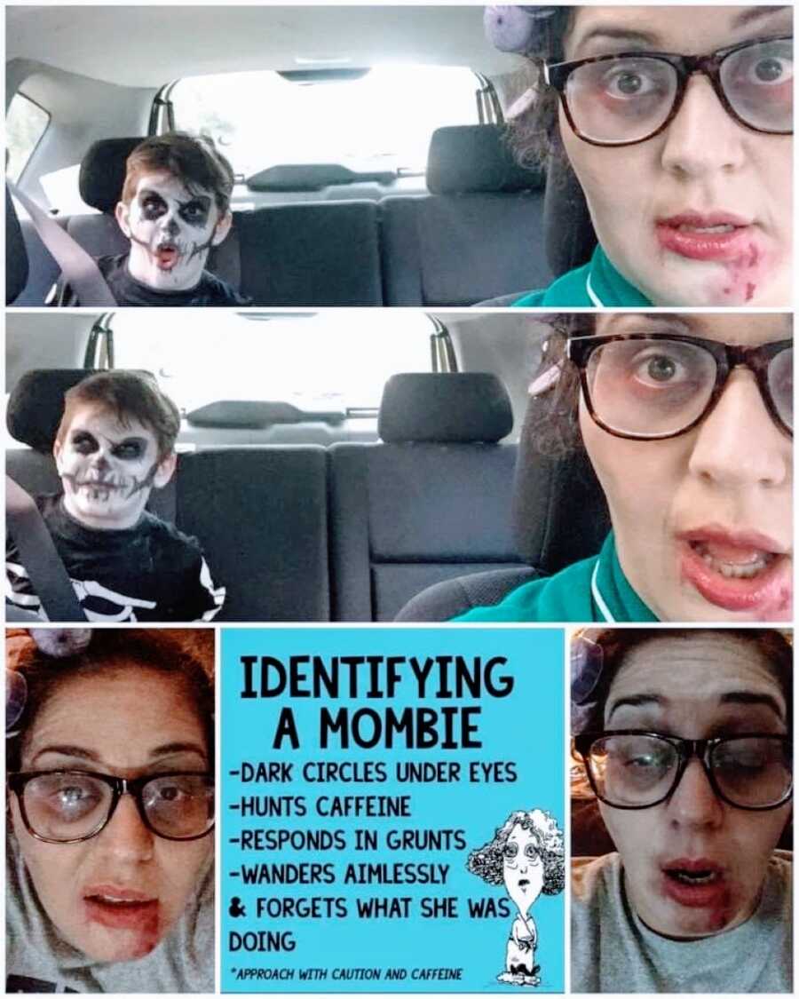 Mom takes selfies with her son while wearing a DIY 'mombie' Halloween costume and he's dressed as a skeleton with face paint