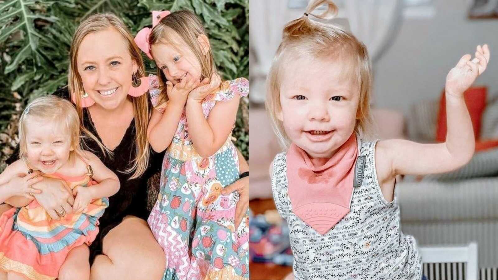 Mom on the left takes a photo with her two daughters, on the right mom takes a photo of her youngest daughter with Coffin-Siris Syndrome