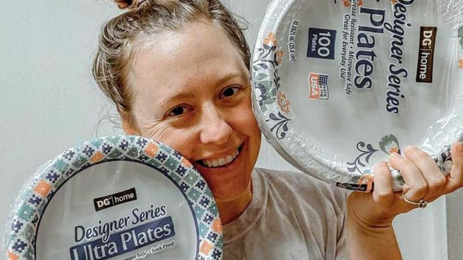 Mom of two daughters, one with special needs, takes a selfie with Dollar General paper plates