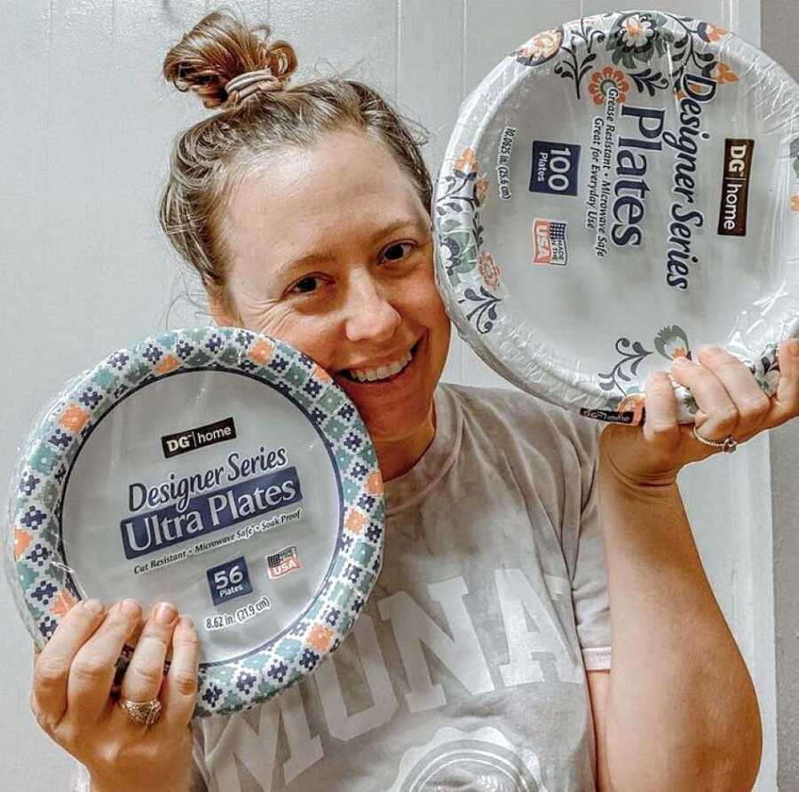 Stressed out mom of two puts her mental health first by buying paper plates instead of doing dishes
