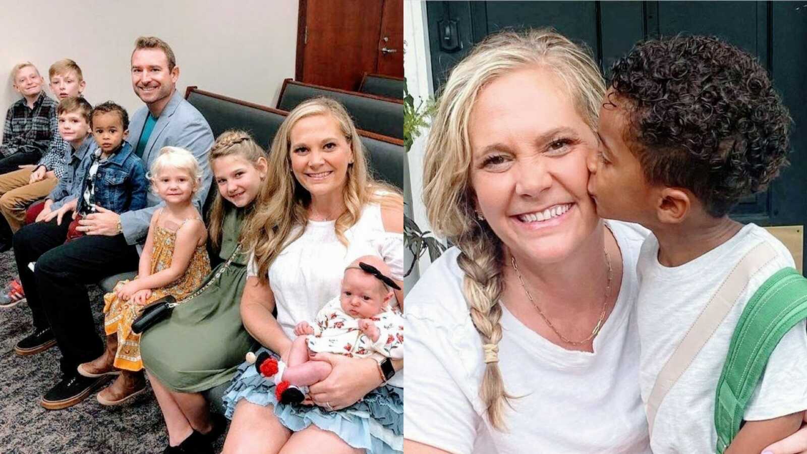 On the left, family of seven take a photo together in a courtroom, on the right, adopted son kisses his mom on the cheek