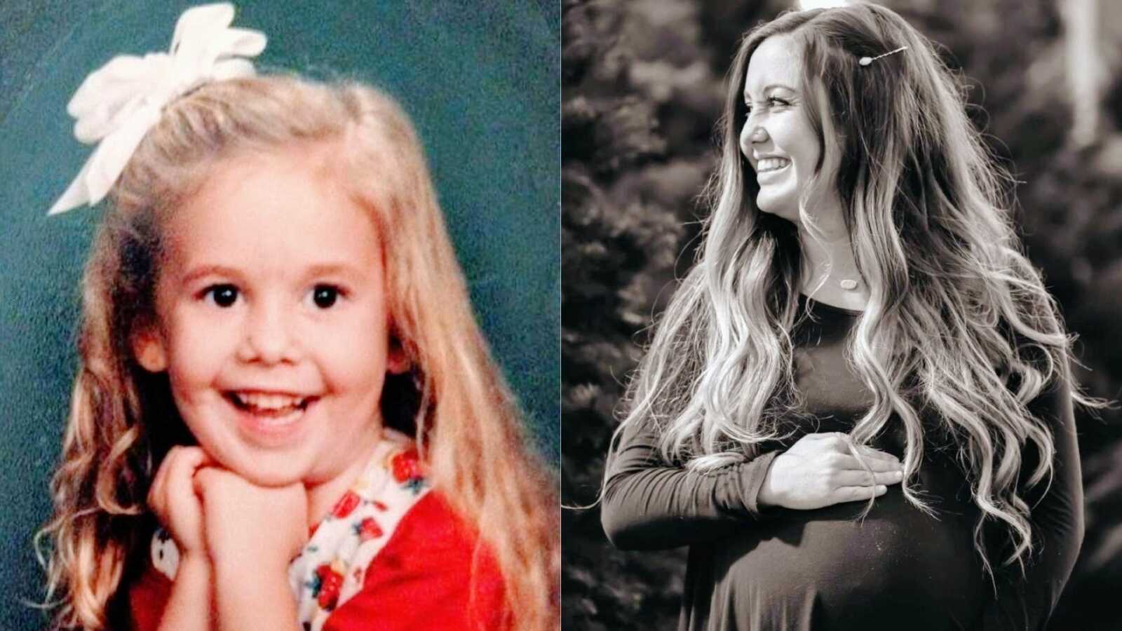 Little girl poses for a school photo on the left, same girl now a woman smiles big while pregnant with her first child