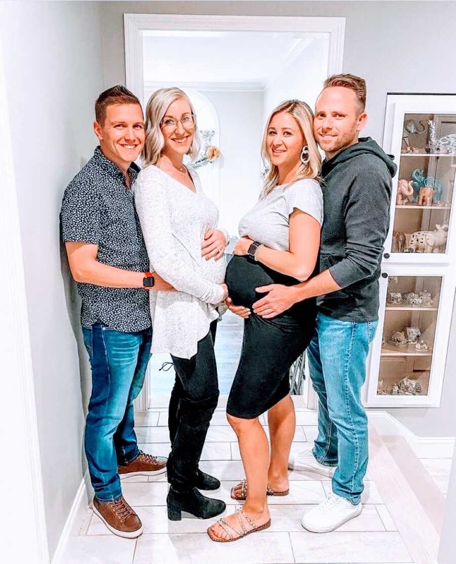 Two sisters pose with their husbands while showing off their baby bumps, each pregnant only 6 weeks apart