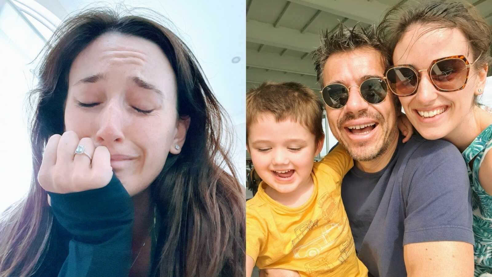 On the left, woman trying to escape an abusive relationship takes a selfie while crying, on the right, same woman smiles with her new boyfriend and son